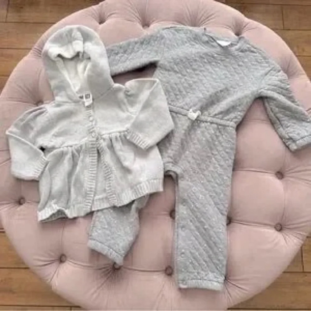 Carter's Light Gray Quilted One-Piece and Hooded Cardigan Set